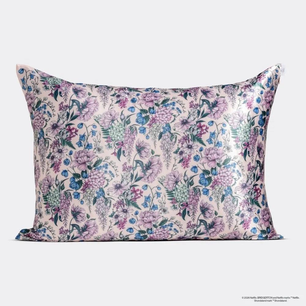 Kitsch Bridgerton Pink Satin Pillowcase with Blue & Purple Floral Accents